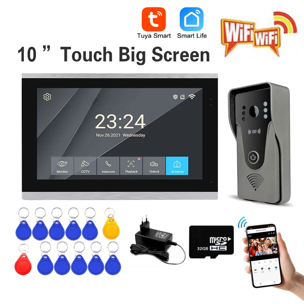 Access Control System Rfid Kit - Tuya-ホームインターホンキット,カラータッチスクリーン,wifiビデオドアベル,スマートアプリケーション,RFIDアクセス制御システム,ワイヤレス,1080p,10インチ