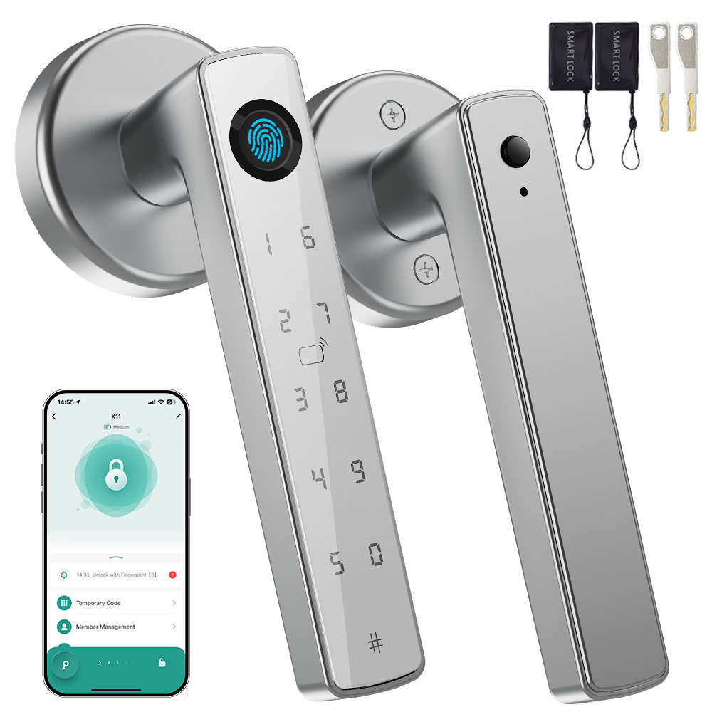 Door Access Control Keypad Rfid - YFK Tuya スマートドアロックハンドル。生体認証指紋、テンキー、パスワード、RFIDカード、アプリによるロック解除機能を搭載。アパートや住宅に最適なデッドボルトロック。