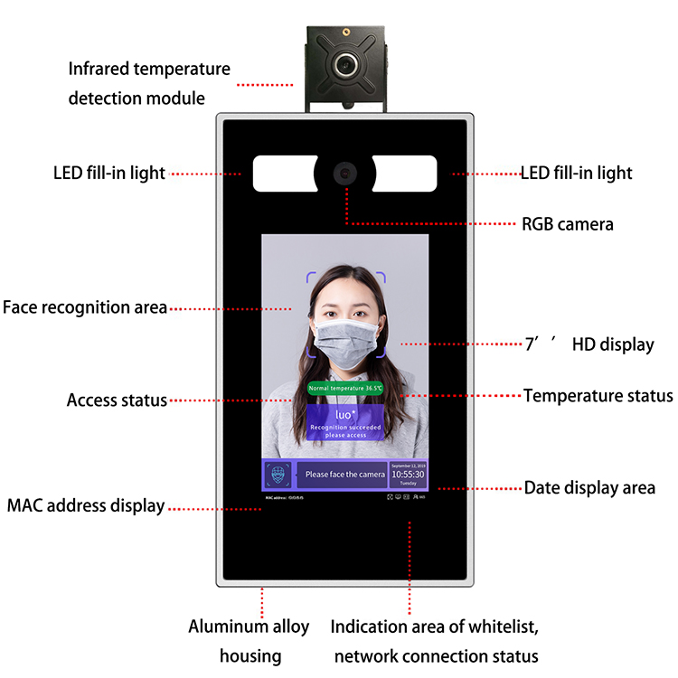 7インチ生体認証アクセス制御端末、カメラ付き顔認識および体温 - Face Recognition Access Control Terminal のレビューと価格